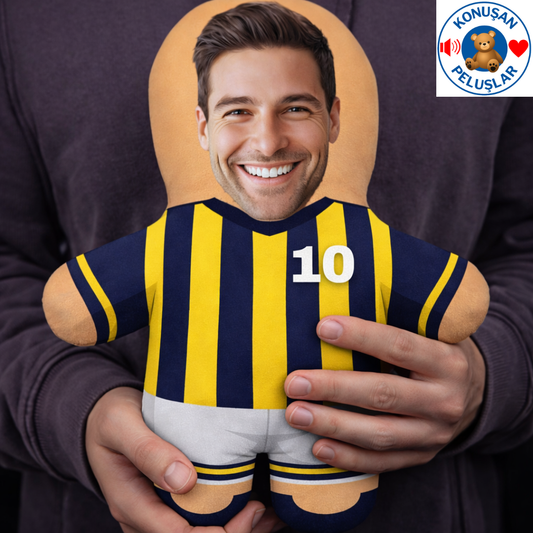 Kişiye Özel Sarı Lacivert Çizgili Forma Konuşan Peluş (Sesli)