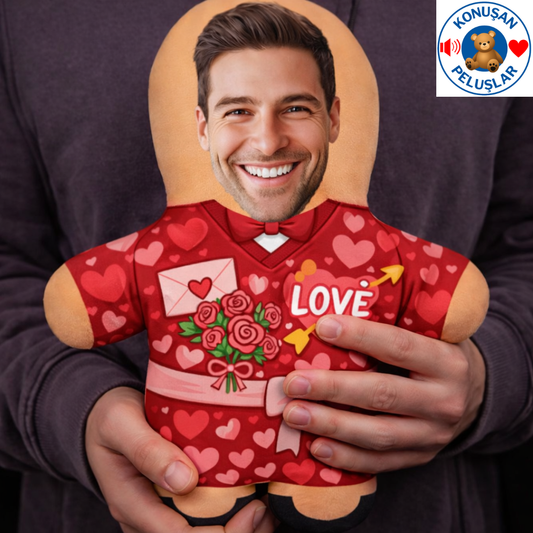Kişiye Özel Aşk Temalı Kırmızı Desenli Konuşan Peluş (Sesli)